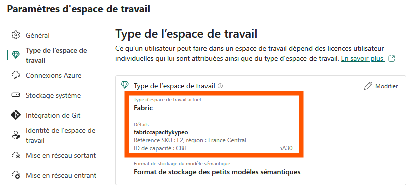 Capacité Fabric assignée à un Workspace