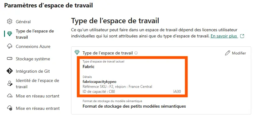 Capacité Fabric assignée à un Workspace